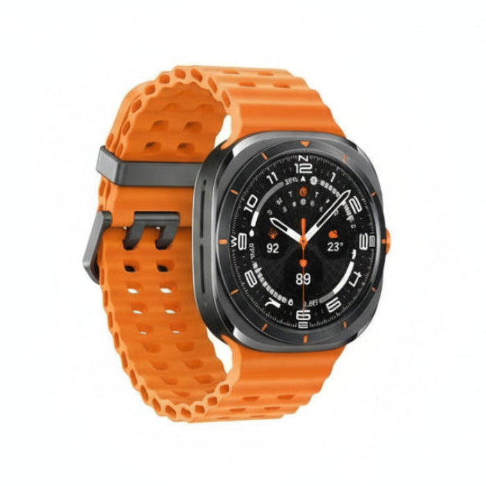 Close‑up of BioActive sensor array on the back of Galaxy Watch Ultra 47mm with green LEDs illuminated.