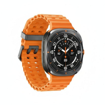 Close‑up of BioActive sensor array on the back of Galaxy Watch Ultra 47mm with green LEDs illuminated.