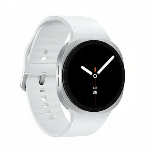 Samsung Galaxy Watch 8 40mm Silver model displaying health metrics on screen.