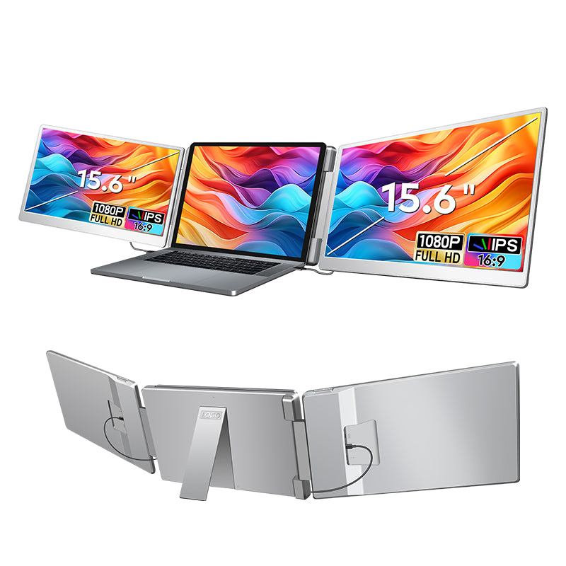 Angled view of Trion 15.6-inch 360° trifold monitor in Grey with both 16:10 IPS panels extended on either side of a laptop.
