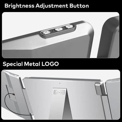 Trion 15.6-inch 360° trifold monitor with left screen rotated fully 360° for across‑desk sharing.