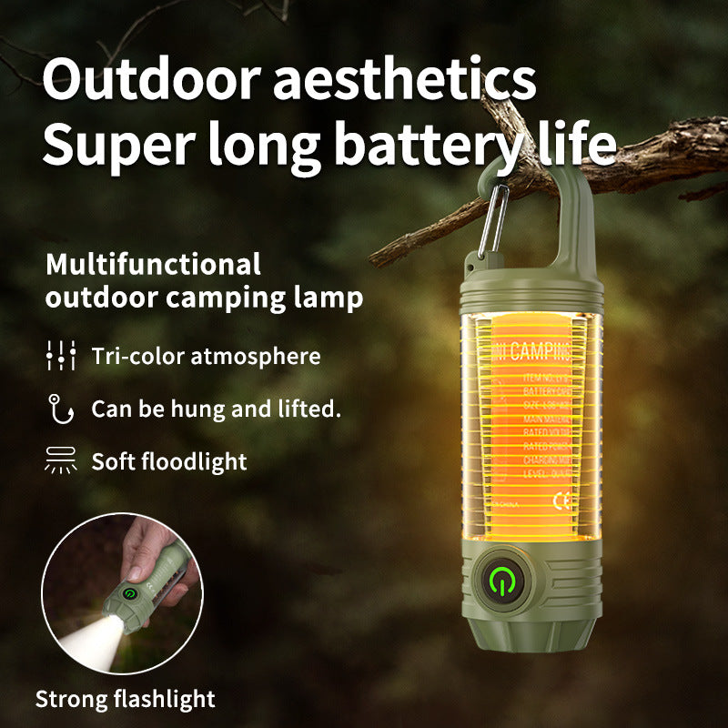 Tri-Color Portable Camping Lantern & Flashlight - Rechargeable, 360°Ambient Light & Hook Design(Khaki) Tristar Online