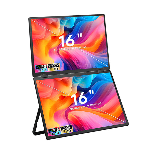 Trion 16‑inch Full HD Foldable Dual Portable Monitor fully opened behind a laptop showing extended desktop on both screens.