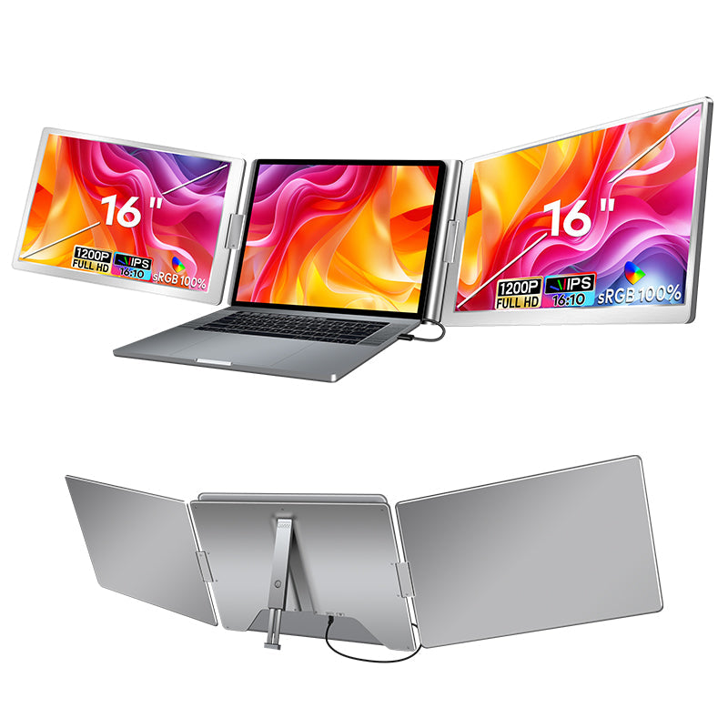 TRION TRIFOLD 16‑inch portable monitor mounted on a laptop showing triple‑screen workspace with code, browser and chat windows.​

