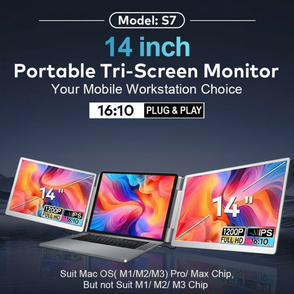 Angled shot of the Trion 14-inch 360° trifold portable monitor in Grey fully opened, displaying three active screens with productivity apps.