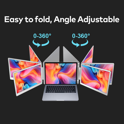 Rear view of the Trion 14-inch 360° trifold portable monitor mounted on a laptop, highlighting the grey housing and adjustable stand.