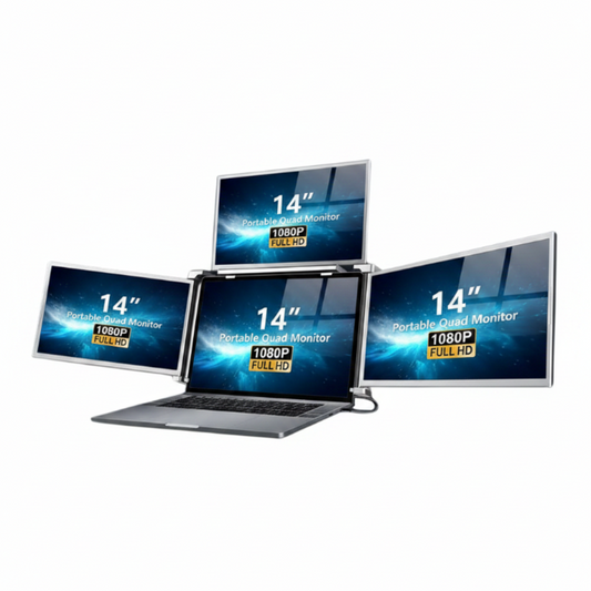 Trion 14" FHD Portable Quad Monitor mounted on a laptop showing triple‑display workspace with documents across all three screens.