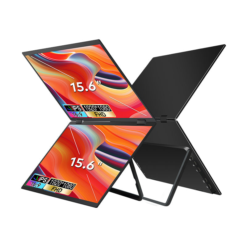 TRION-FOLDABLE MONITOR 15.6" placed behind a laptop with spreadsheets on one screen and email on the other

