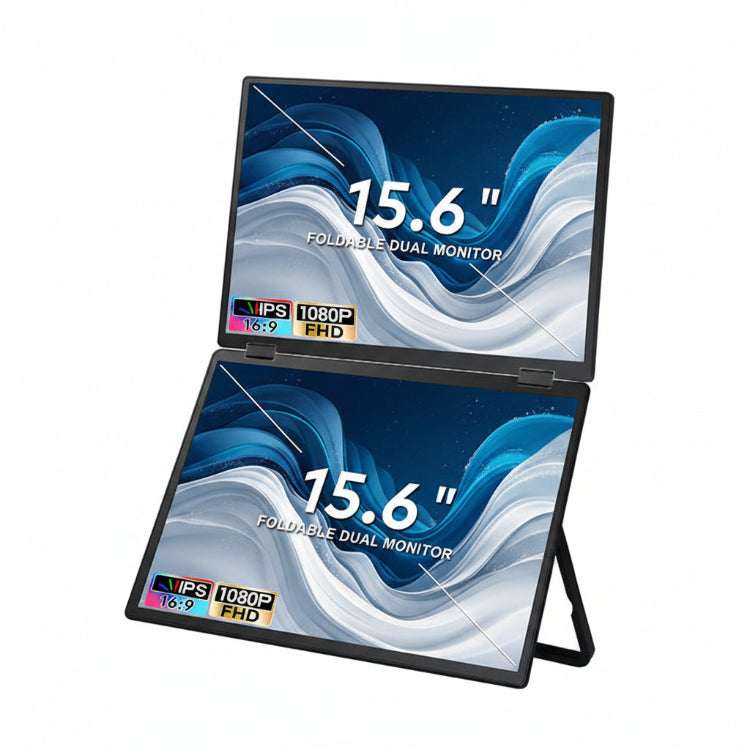 TRION-FOLDABLE MONITOR 15.6" dual screens opened next to a laptop showing extended desktop view

