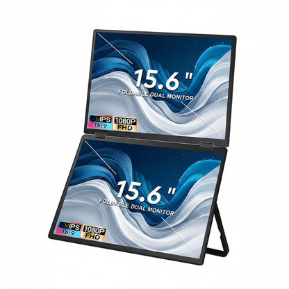 TRION-FOLDABLE MONITOR 15.6" dual screens opened next to a laptop showing extended desktop view

