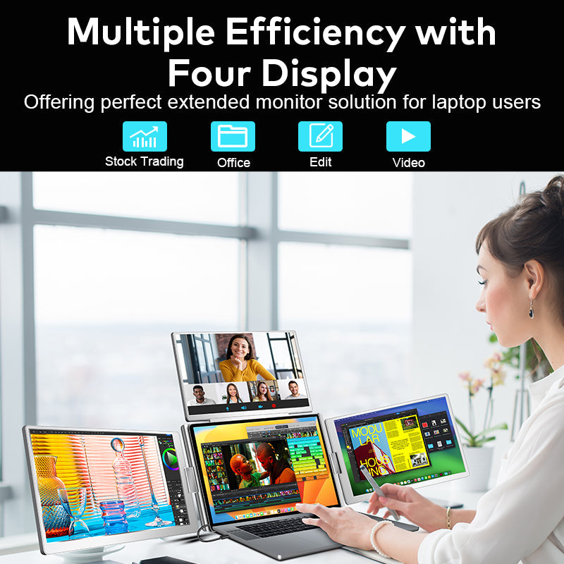 Trion 16" FHD Portable Monitor Quad Screen with One-Cable Triple Display Screen Extender for Laptops (Win10+, Mac M1/M2/M3) (AU Version) Trion