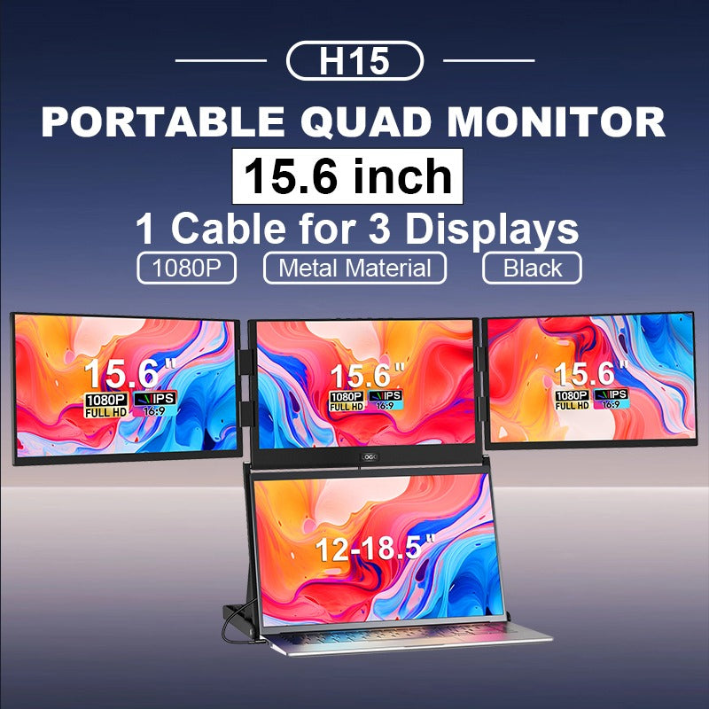 Trion Quad Monitor 15.6" Portable T Shape Laptop Screen Extender, Triple Full HD IPS 1920x1080, USB-C and Thunderbolt Compatible, for Remote Work, Trading, and Multitasking - Pristine - Refurbished Trion