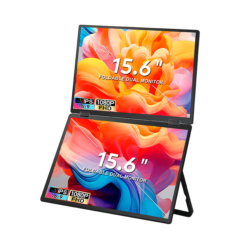 TRION-FOLDABLE MONITOR 15.6" dual screens opened next to a laptop showing extended desktop view

