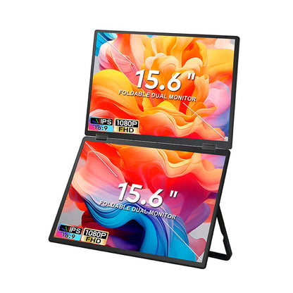 TRION-FOLDABLE MONITOR 15.6" dual screens opened next to a laptop showing extended desktop view

