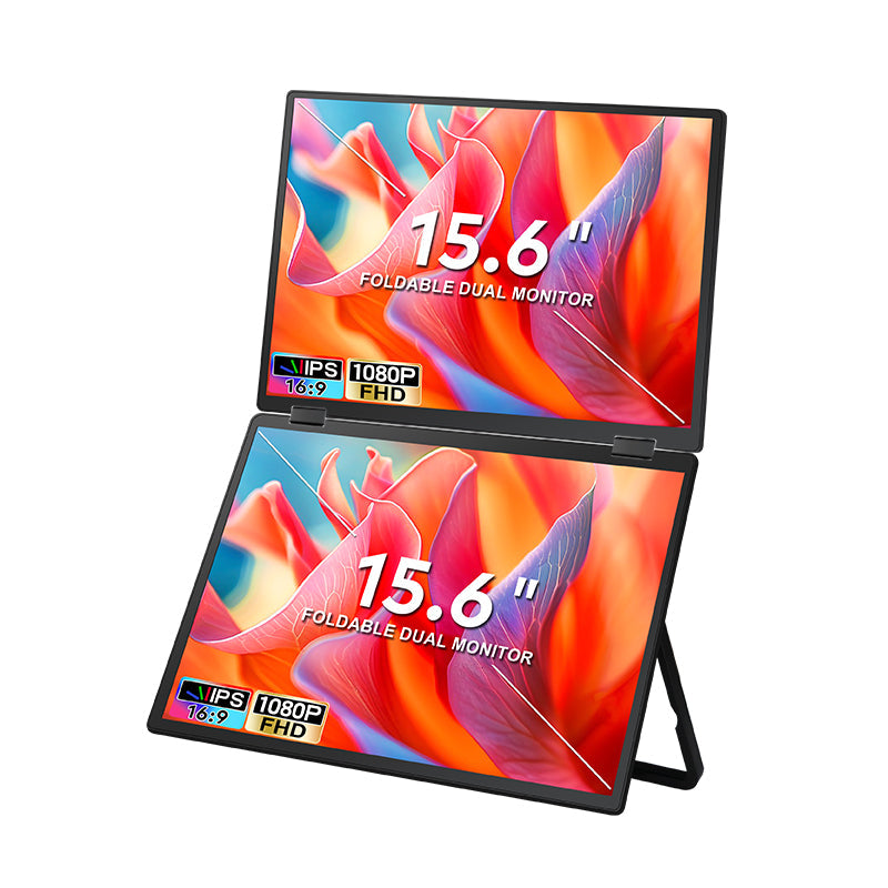 TRION-FOLDABLE MONITOR 15.6" front view displaying the same wallpaper across both 15.6-inch panels

