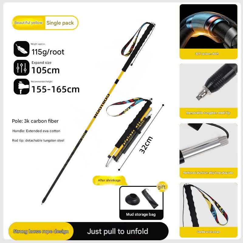 Ultralight Carbon Fiber Foldable Trail Running & Hiking Pole(yellow  Recommended height range 155-165cm) Tristar Online