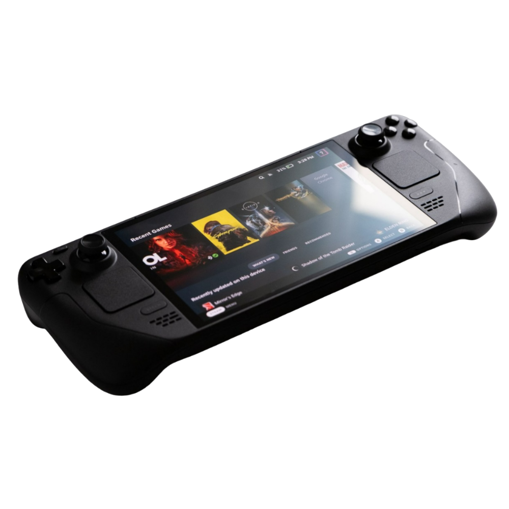 Close‑up of Steam Deck OLED screen displaying a colourful game scene to highlight HDR contrast and deep blacks.