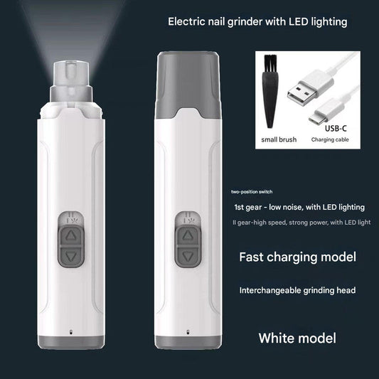 White Quiet Electric Pet Nail Grinder with LED Light - 2-Speed USB-C Rechargeable Trimmer for Dogs & Cats Grooming Tristar Online