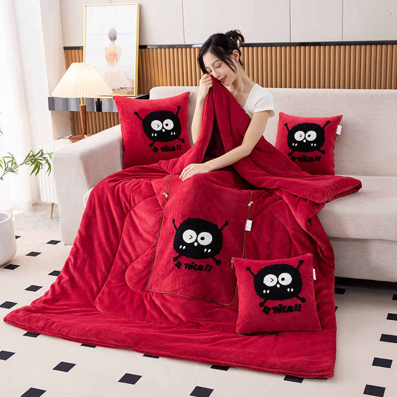 Wine Red Padded and Thickened Elf 2-in-1 Foldable Car Pillow Blanket - Cozy 40x40cm Pillow, Unfolds to 100x150cm Blanket for Travel and Office Naps Tristar Online