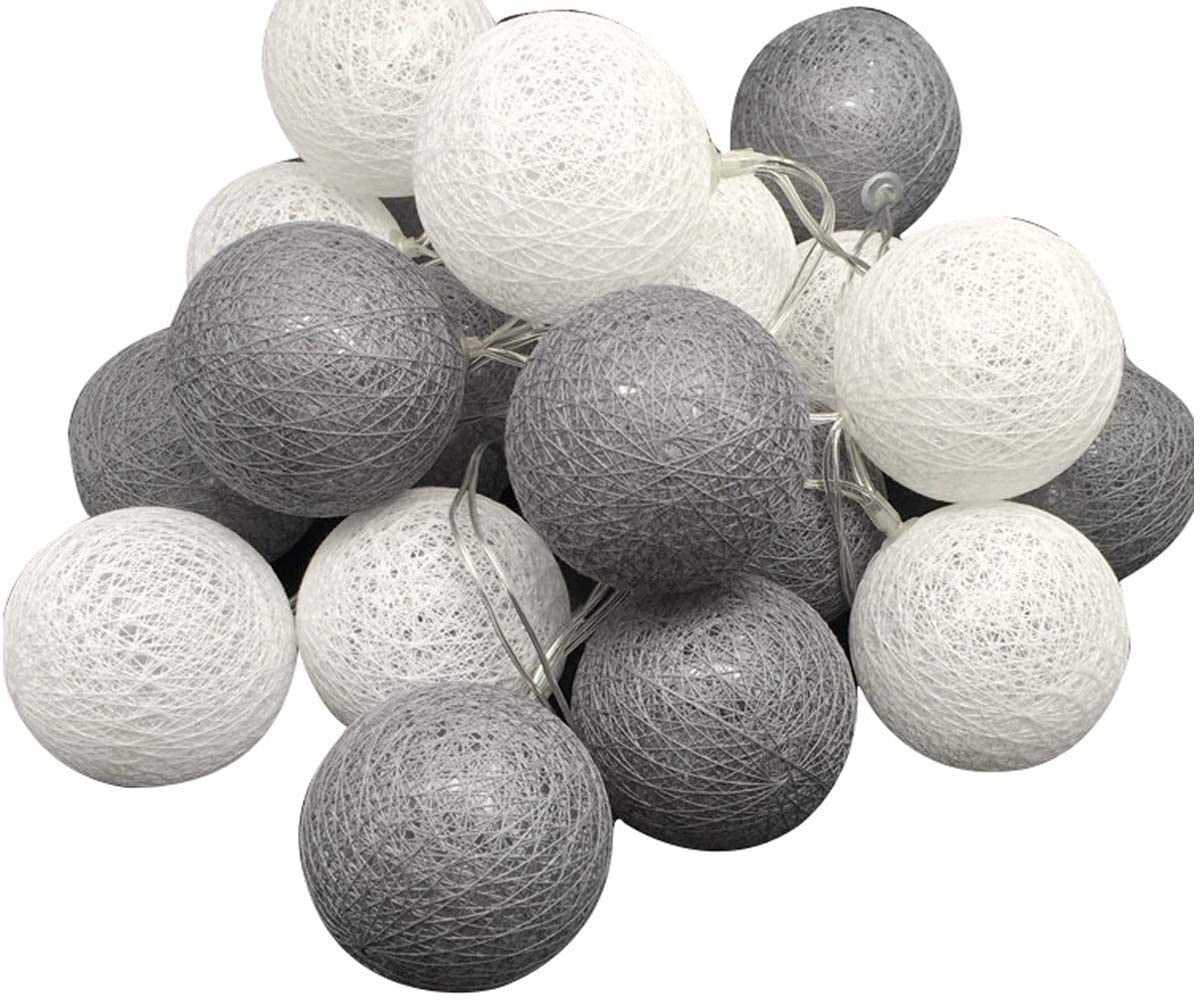 1 Set of 20 LED Grey White 5cm Cotton Ball Battery Powered String Lights Gift Home Wedding Party Bedroom Decoration Outdoor Indoor Table Centrepiece Tristar Online