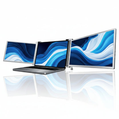 15.4 inch Trifold Portable Monitor mounted on a laptop showing triple‑screen setup with documents spread across all three displays