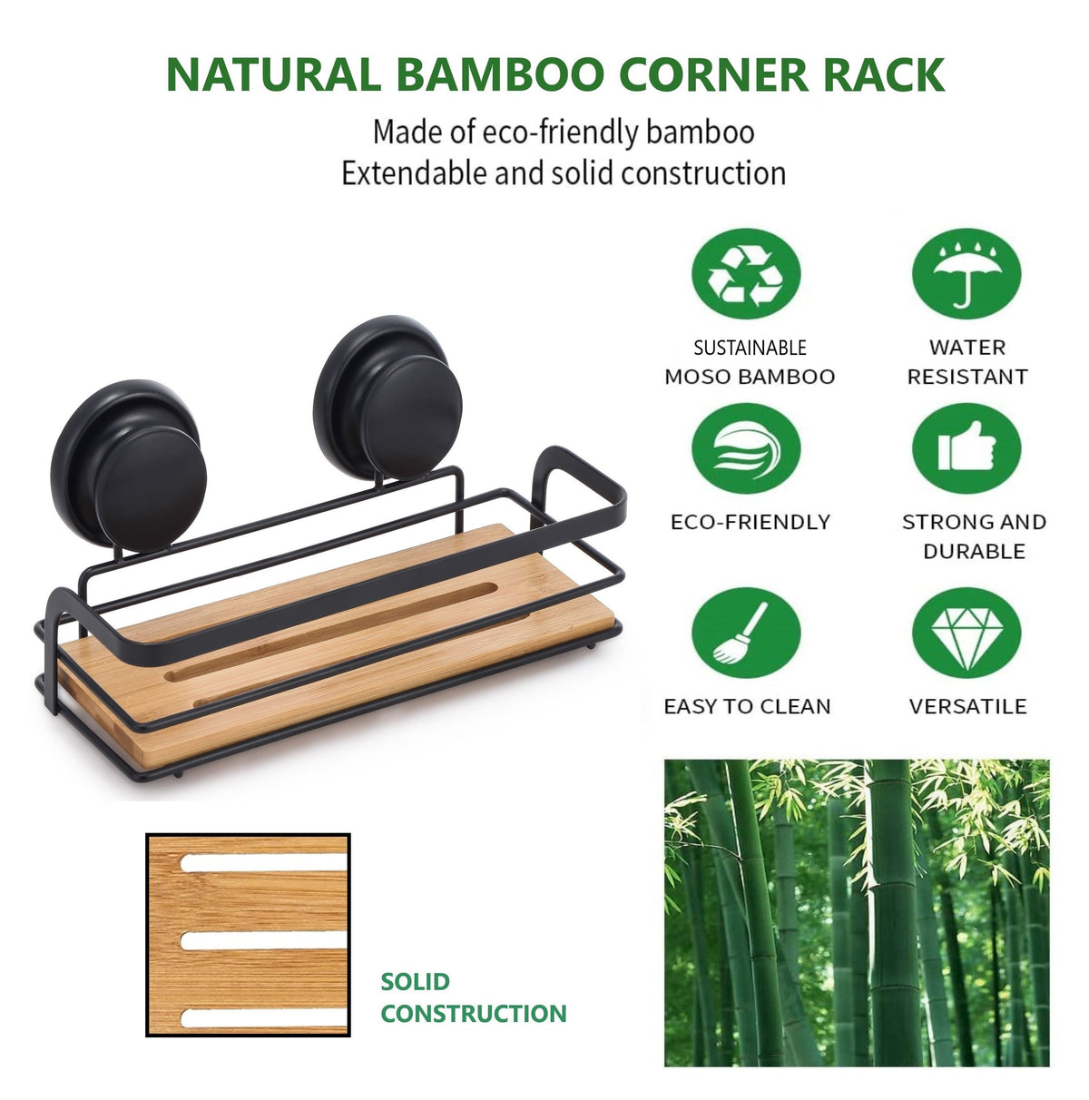 2 Pack Rectangular Bamboo Corner Shower Caddy Shelf Basket Rack with Premium Vacuum Suction Cup No-Drilling for Bathroom and Kitchen Tristar Online