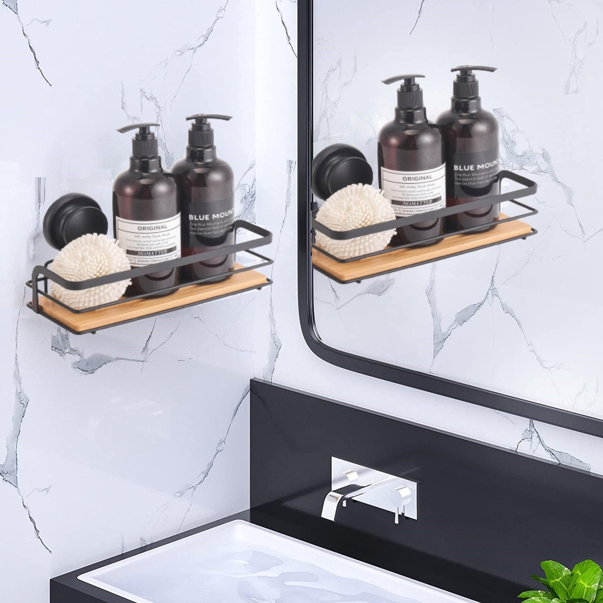 2 Pack Rectangular Bamboo Corner Shower Caddy Shelf Basket Rack with Premium Vacuum Suction Cup No-Drilling for Bathroom and Kitchen Tristar Online