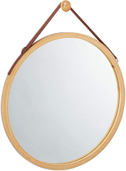 CARLA HOME Hanging Round Wall Mirror 38 cm - Solid Bamboo Frame and Adjustable Leather Strap for Bathroom and Bedroom Tristar Online