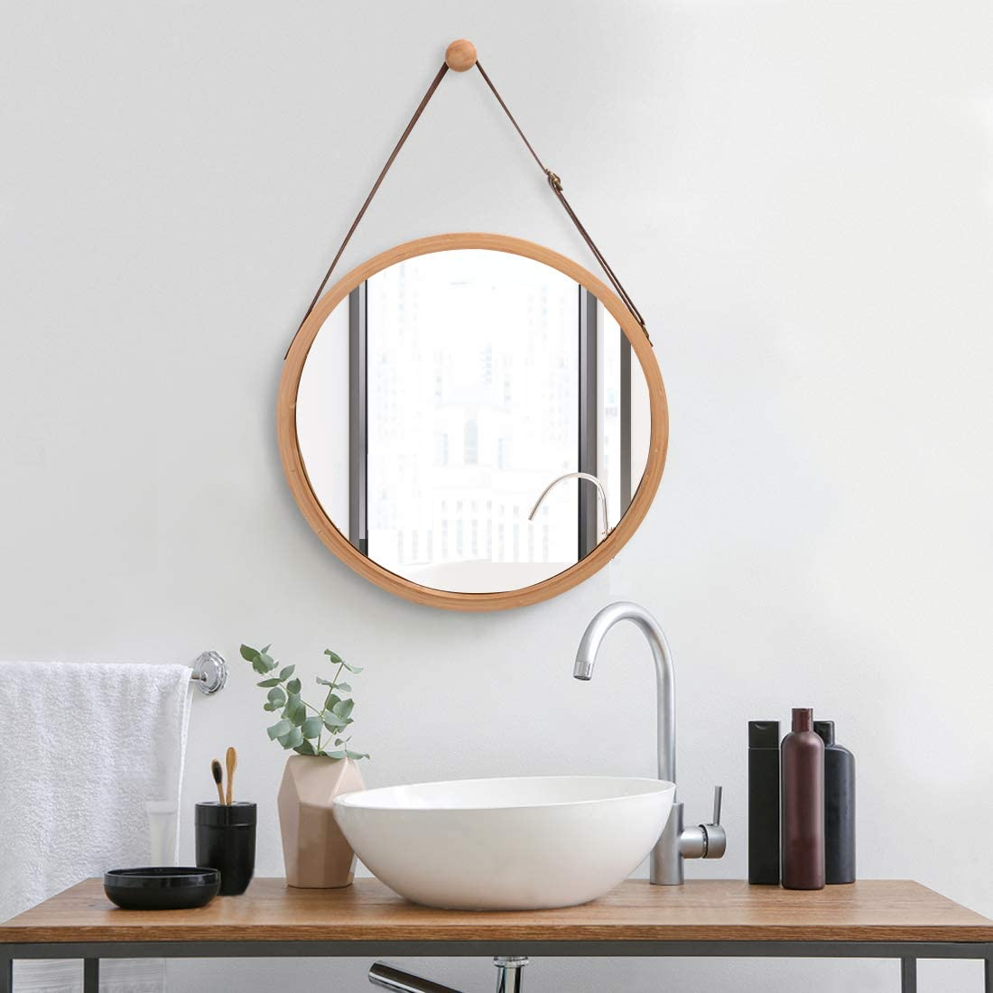 CARLA HOME Hanging Round Wall Mirror 45 cm - Solid Bamboo Frame and Adjustable Leather Strap for Bathroom and Bedroom Tristar Online