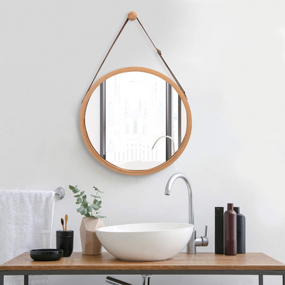 CARLA HOME Hanging Round Wall Mirror 45 cm - Solid Bamboo Frame and Adjustable Leather Strap for Bathroom and Bedroom Tristar Online