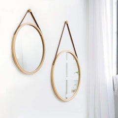 CARLA HOME Hanging Round Wall Mirror 45 cm - Solid Bamboo Frame and Adjustable Leather Strap for Bathroom and Bedroom Tristar Online
