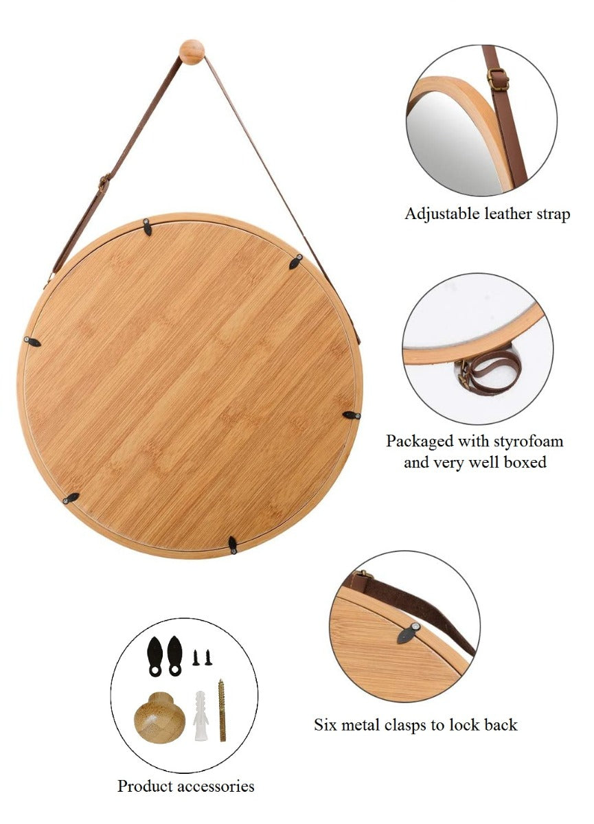 CARLA HOME Hanging Round Wall Mirror 45 cm - Solid Bamboo Frame and Adjustable Leather Strap for Bathroom and Bedroom Tristar Online