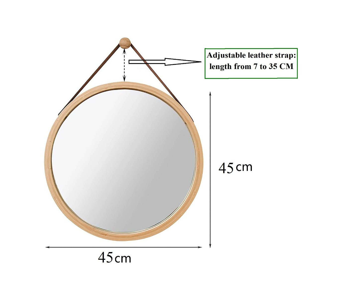 CARLA HOME Hanging Round Wall Mirror 45 cm - Solid Bamboo Frame and Adjustable Leather Strap for Bathroom and Bedroom Tristar Online