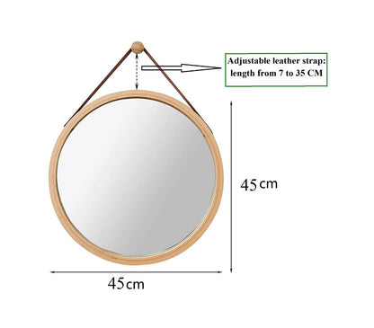 CARLA HOME Hanging Round Wall Mirror 45 cm - Solid Bamboo Frame and Adjustable Leather Strap for Bathroom and Bedroom Tristar Online