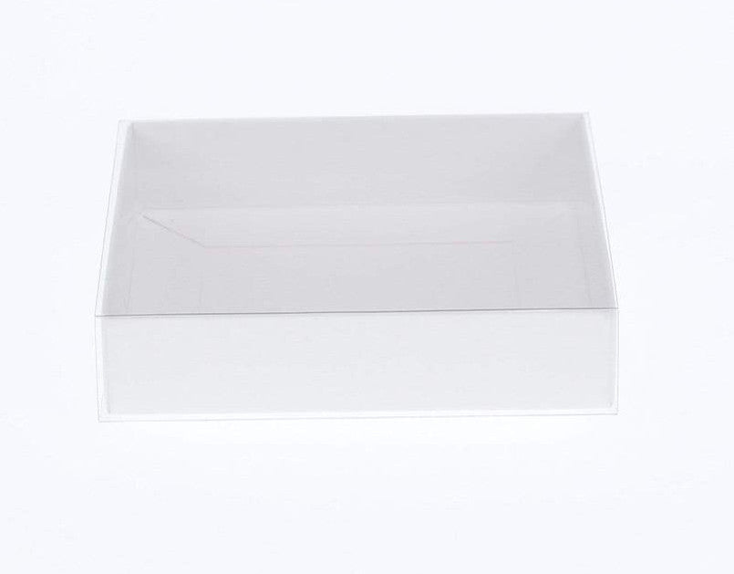 50 Pack of 15cm Square Invitation Coaster Favor Function product Presentation Cookie Biscuit Patisserie Gift Box - 4cm deep - White Card with Clear Slide On PVC Lid Tristar Online
