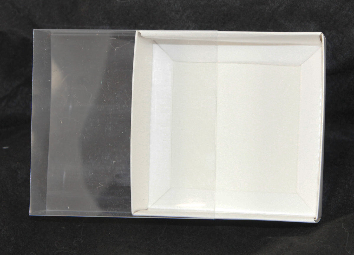 50 Pack of 8cm Square Wedding Invitation Coaster Favor Function product Presentation Cookie Biscuit Patisserie Gift Box - 2cm deep - White Card with Clear Slide On PVC Lid Tristar Online