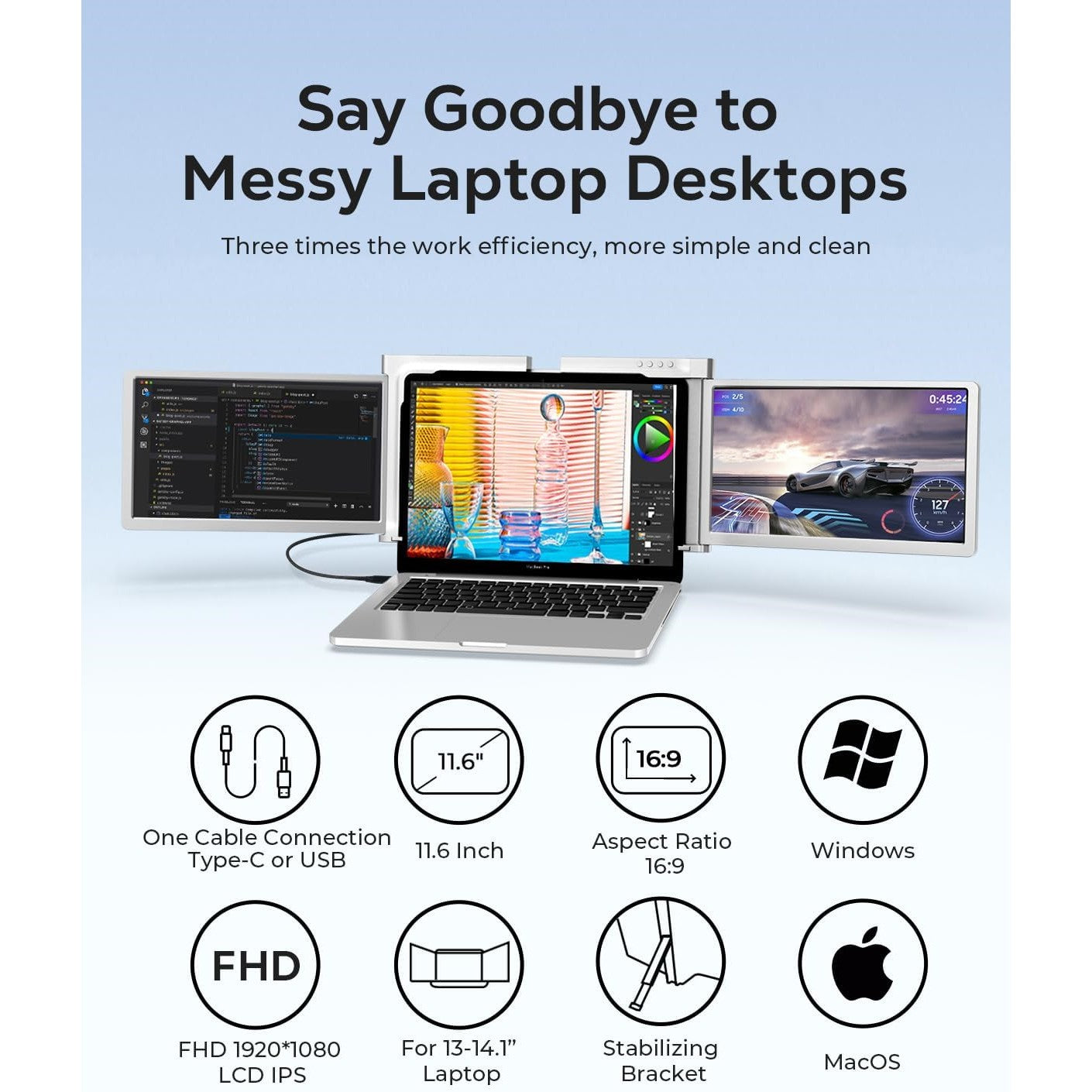 11.6 inch Trifold Portable Monitor 1080P IPS FHD Monitor Screen Extender For Laptop In Narrow Bezel- Grey Trion