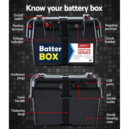 GIANTZ Battery Box 12V Camping Portable Deep Cycle AGM Universal Large USB Cig Tristar Online