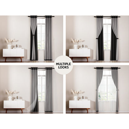 Artiss 2X 132x160cm Blockout Sheer Curtains Black Tristar Online