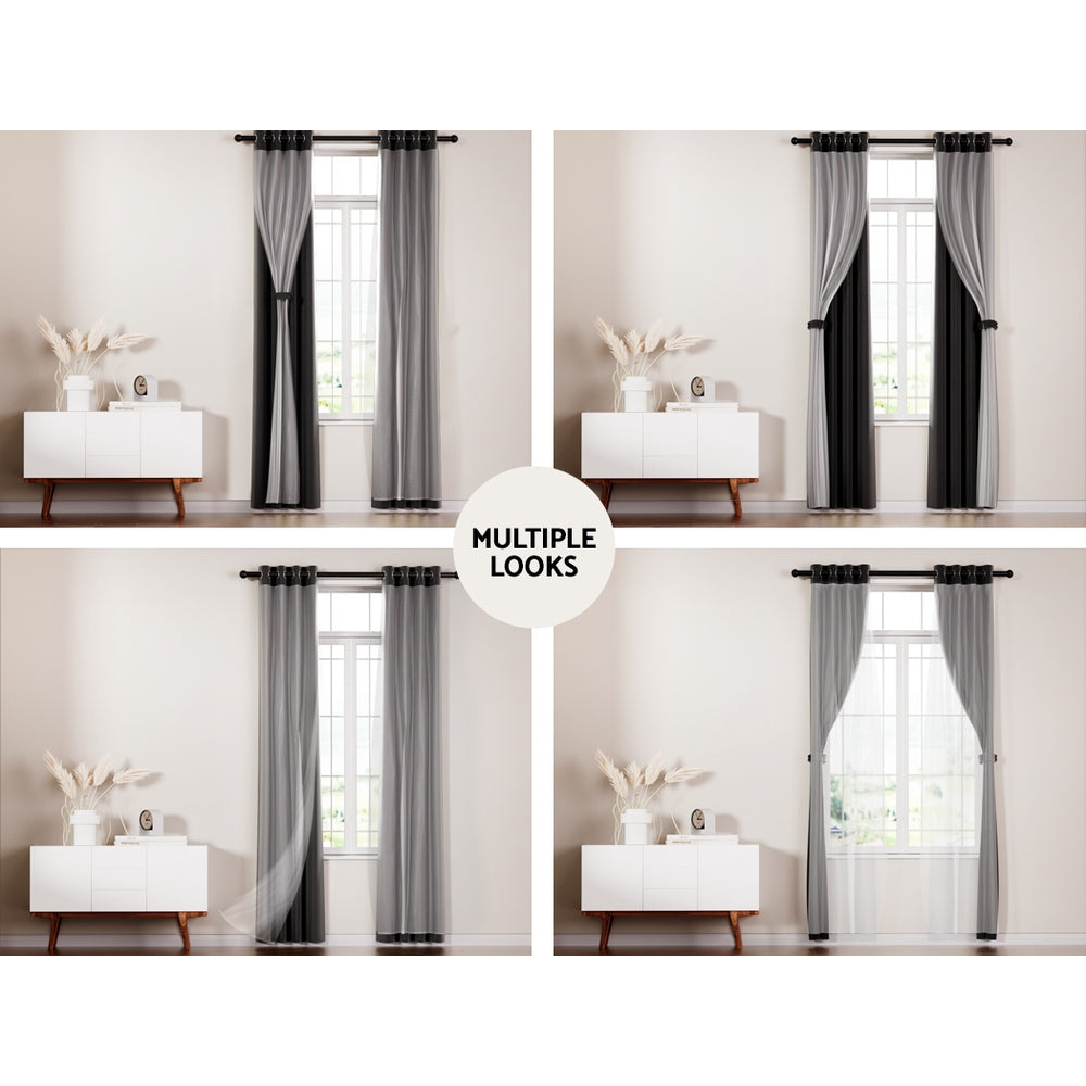 Artiss 2X 132x242cm Blockout Sheer Curtains Black Tristar Online