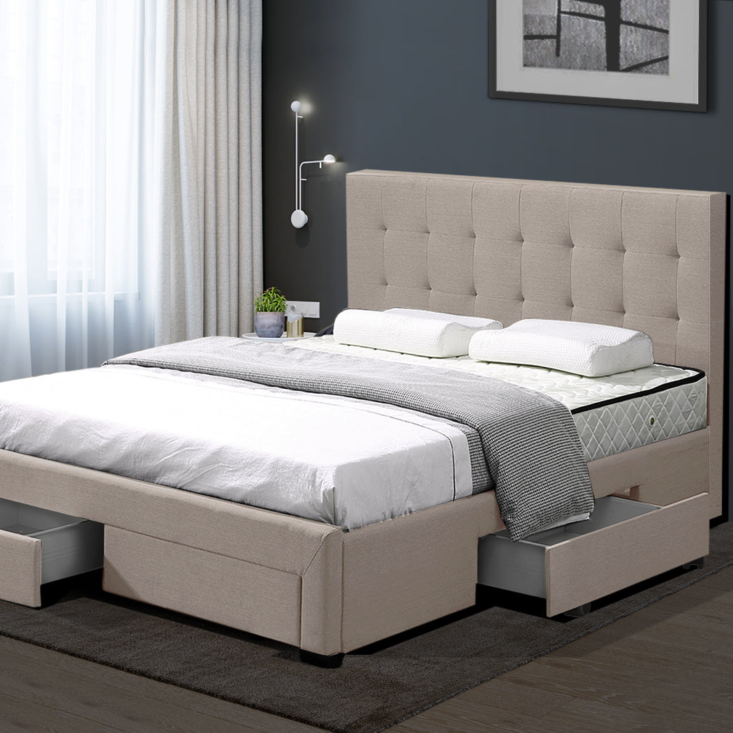 Levede Bed Frame King Fabric With Drawers Storage Beige Tristar Online
