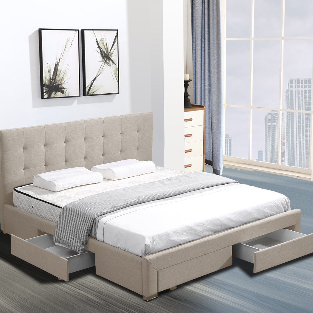 Levede Bed Frame King Fabric With Drawers Storage Beige Tristar Online