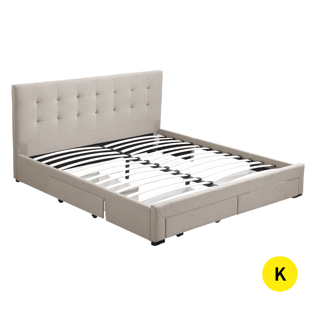 Levede Bed Frame King Fabric With Drawers Storage Beige Tristar Online