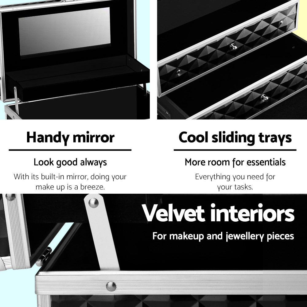 Embellir Portable Cosmetic Beauty Makeup Carry Case with Mirror - Diamond Black Tristar Online