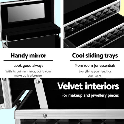 Embellir Portable Cosmetic Beauty Makeup Carry Case with Mirror - Diamond Black Tristar Online