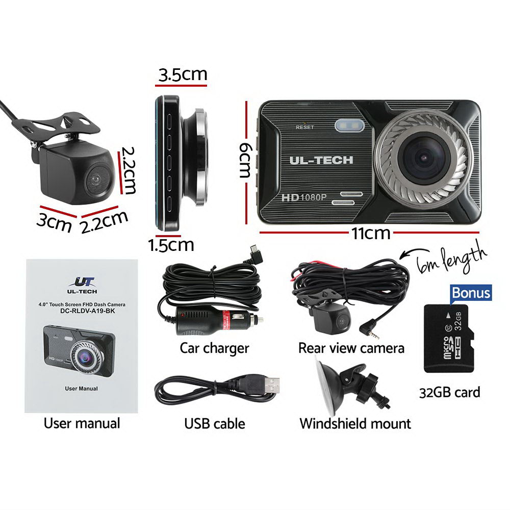 UL-tech 1080P 4" Dash Camera Dual Lens Car DVR Recorder Front Rear Night Vision Tristar Online