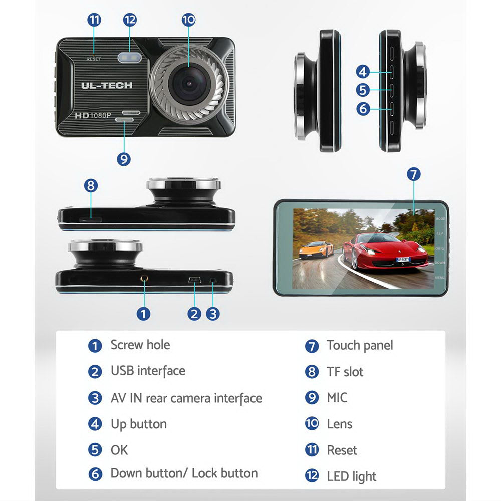 UL-tech 1080P 4" Dash Camera Dual Lens Car DVR Recorder Front Rear Night Vision Tristar Online