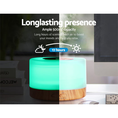 DEVANTI Aroma Diffuser Aromatherapy LED Night Light Air Humidifier Purifier Round Light Wood Grain 500ml Remote Control Tristar Online