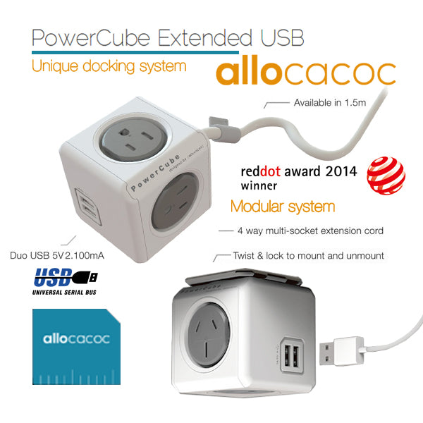 Allocacoc PowerCube Extended USB Powerboard 4-Outlets 2 USB Ports Grey-White 1.5m Tristar Online