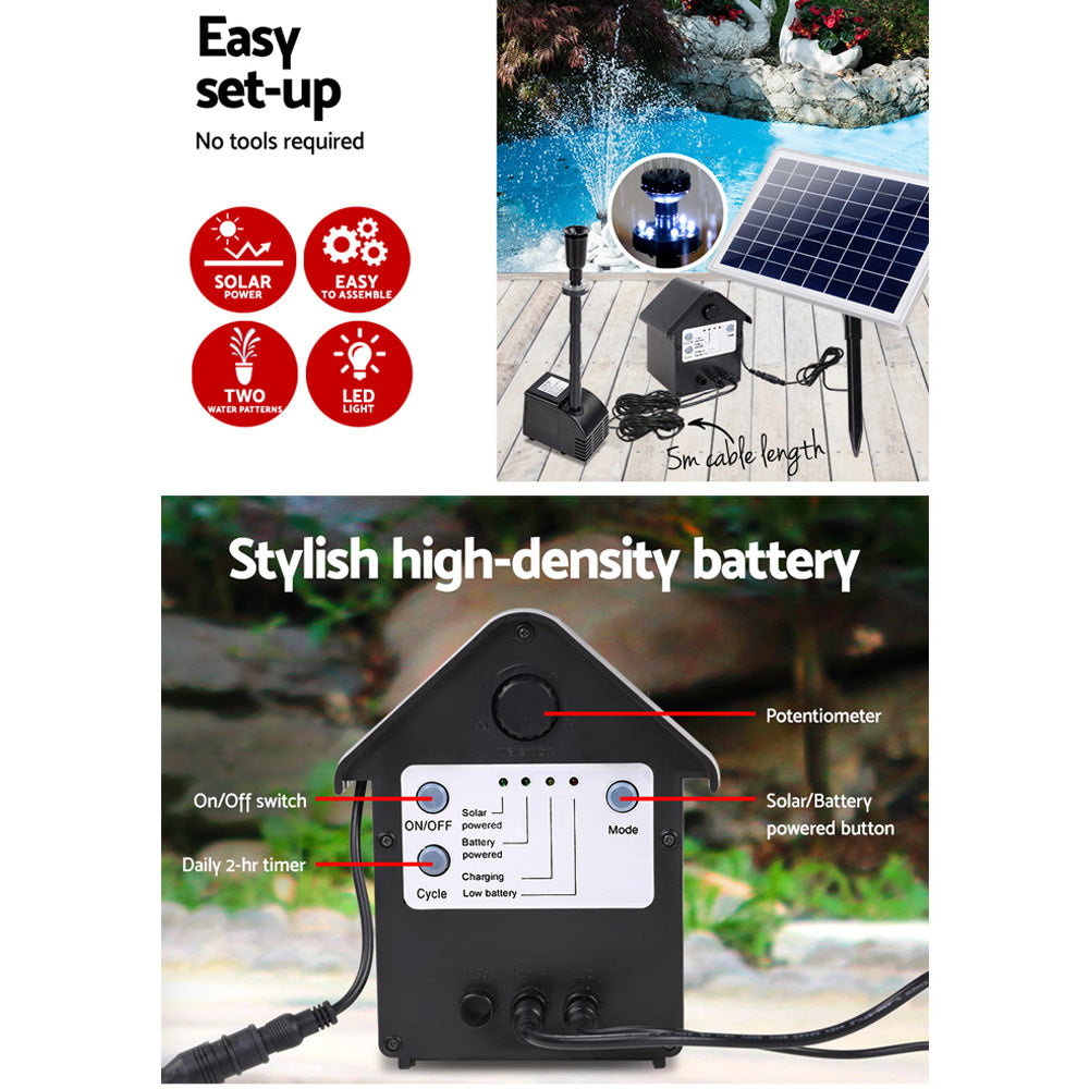 Gardeon Solar Pond Pump Battery Powered Outdoor LED Light Submersible Filter Tristar Online